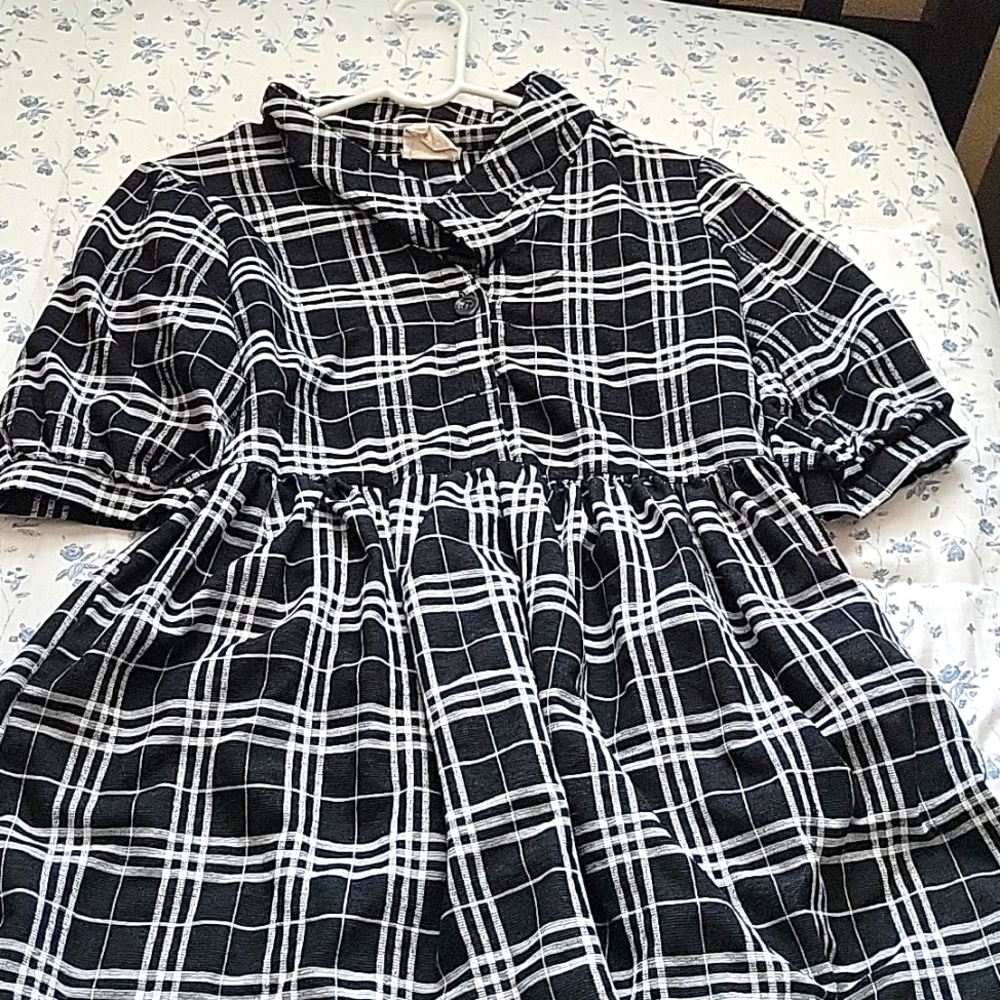 Black and white plaid, high waist A-line dress with buttons